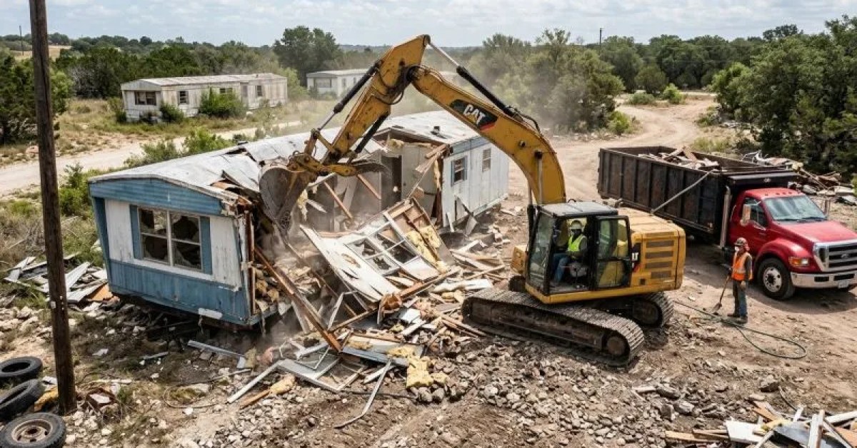 Mobile home prepared for demolition in El Paso, TX
